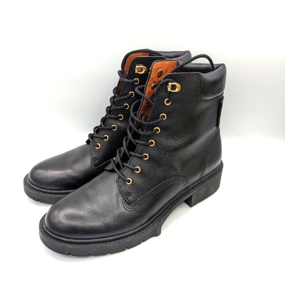 Coach Black Leather Lace-Up Ankle Boots with Tan Accent